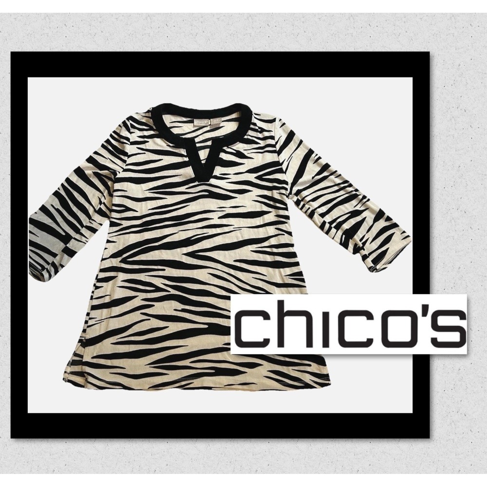 Chico's Size 00P  Classic Zebra Print - Women's Top Black White 3/4 Sleeve